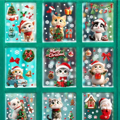 Vista 4 de Calcomanías de gato para ventana de Navidad, 9 hojas de decoración de Navidad, campanas de árbol de gato, calcomanías para fiestas de vacaciones
