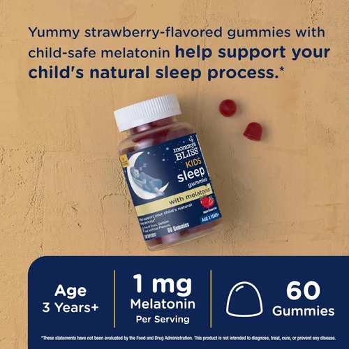 Vista 2 de Gominolas Mommy's Bliss de dormir para niños, con melatonina, ayudan al proceso natural del sueño del niño, a partir de 3 años, sabor fresa, 0.04oz