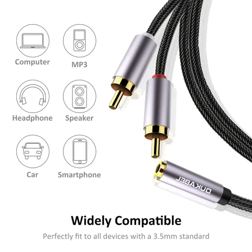 Vista 5 de DUKABEL Adaptador estéreo hembra de 0.138 in a 2 RCA, conector de audio estéreo de 0.138 in a 2 conectores RCA macho a auriculares 3.5 Y cable