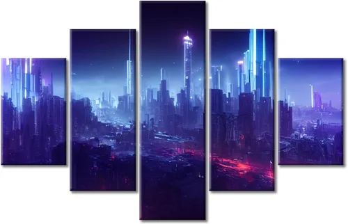 Vista 226 de Cuadros de 5 paneles de Cyberpunk City, arte de pared, representación de vallas publicitarias, edificios modernos en la capital con obras de arte