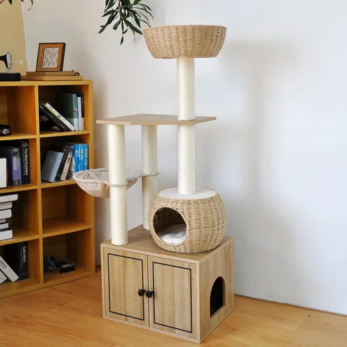 Vista 5 de Árbol de ratán de 56.7 pulgadas de alto para gatos de interior, torre de madera para gatos de varios niveles con postes rascadores, muebles