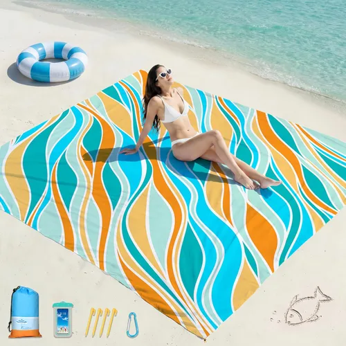Vista 26 de Famstar Manta de playa de gran tamaño extra grande 78 x 81 pulgadas/10 x 9 pies, manta de playa impermeable a prueba de arena para 2-8 adultos