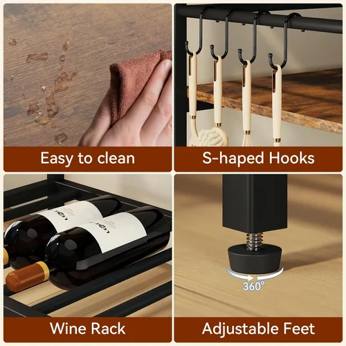 Vista 8 de IBUYKE Isla de cocina con almacenamiento, estante para panaderos con toma de corriente, soporte para microondas con encimera grande, carrito