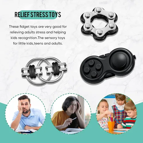 Vista 6 de Gejoy Juego de 3 juguetes para inquietos para adultos, controlador de mano, juego de almohadillas, seis rodillos, cadena, cadena giratoria, llave
