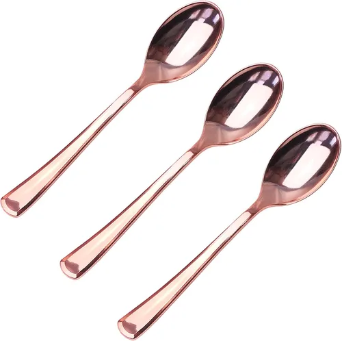 Vista 10 de Juego de cubiertos de plástico dorado de 120 piezas, reutilizables y reciclables, utensilios de plástico dorado para bodas, aniversarios, duchas