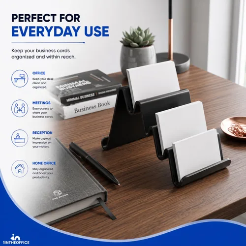 Vista 7 de 1InTheOffice Tarjetero de plástico para escritorio, 4 compartimentos, soporte para tarjetas de varios niveles, color negro