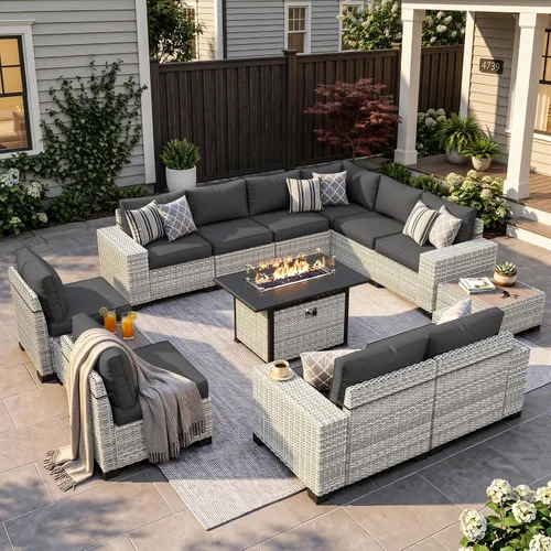 Vista 52 de Muebles de patio al aire libre conjunto PE mimbre ratán al aire libre sofá seccional Gris