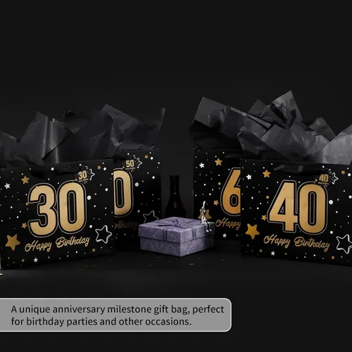 Vista 5 de Powbrace Bolsa de regalo de cumpleaños número 30 negra de 13 pulgadas con papel de seda y tarjeta de felicitación para fiestas, bolsa de regalo