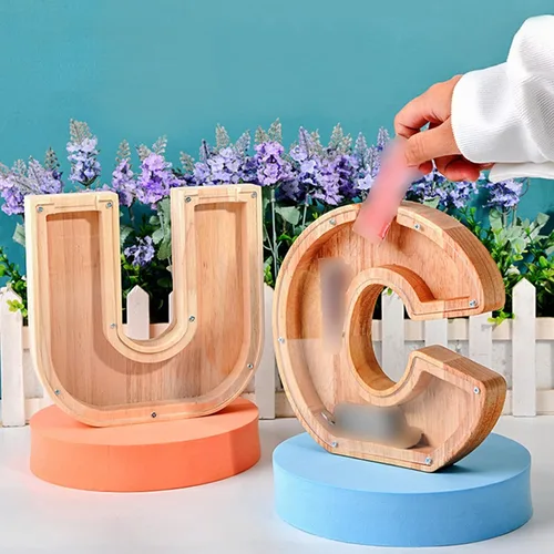 Vista 4 de Alcancía de madera con letras para niños y niñas, 26 letras del alfabeto, caja de ahorro de dinero, regalo de cumpleaños para niños y adultos C