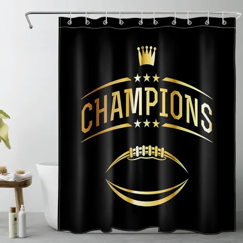 Vista 11 de LB Cortina de ducha de fútbol americano, juego deportivo, acuarela, fondo negro, cortina de baño de dibujos animados, tela de poliéster decorativa