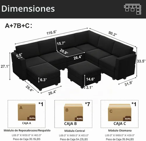 Vista 2 de Belffin Sofá seccional modular con asiento de almacenamiento, sofá grande en forma de U con diván reversible de terciopelo con otomano, color negro