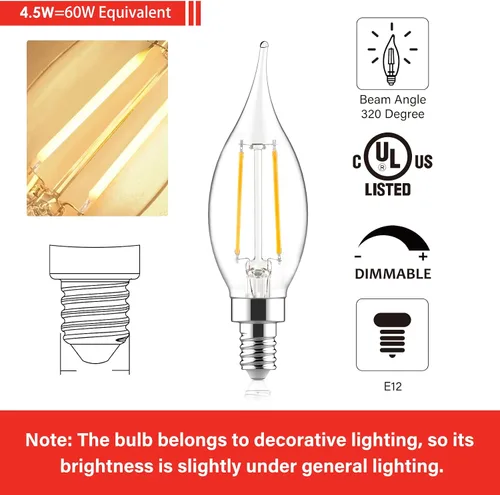 Vista 3 de Bombillas LED E12 para candelabros equivalentes a 60 W, bombillas de vela con punta de llama CA10 regulables, luz blanca suave de 2700 K, bombilla