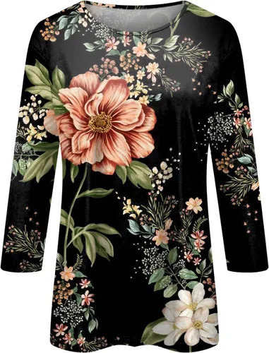 Vista 2 de Camisas para mujer, estilo casual, cuello redondo, manga tres cuartos, impresa, para mujer