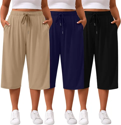 Vista 12 de Paquete de 3 pantalones capri de talla grande para mujer, ajuste holgado, pierna ancha, pantalones recortados para yoga, descanso, entrenamiento
