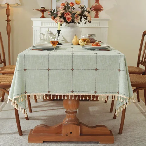 Vista 13 de Pahajim Mantel rectangular de lino rústico de algodón para cocina, comedor, con borlas, a cuadros, impermeable, rectangular, 55 x 71 pulgadas, 4-6