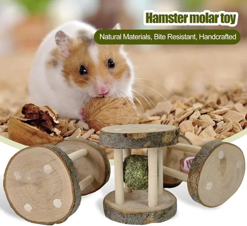 Vista 4 de BWESOO Juguete masticable de conejo de hámster, juguete de madera natural, juguete de molienda de dientes de madera con campana para loro, conejo