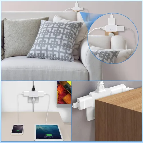 Vista 6 de Paquete de 3 extensores de toma de corriente de pared plana de CA, adaptador de enchufe plano, adaptador de pared plegable de 3 vías, enchufe Blanco