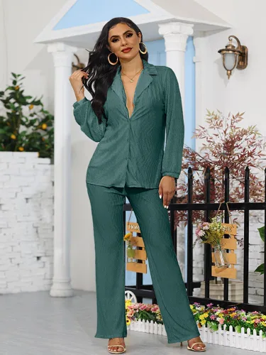 Vista 4 de Trajes plisados de 2 piezas para mujer, estilo casual, bohemio, moderno, camisa de musa, pantalones de pierna ancha, traje diario liso de los años 90