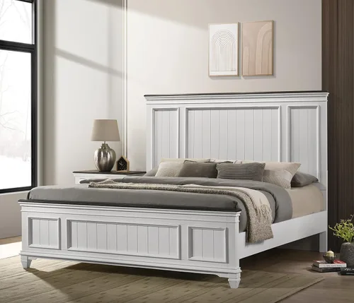 Vista 7 de Roundhill Furniture Clelane Shiplap - Cama con paneles de madera, tamaño Queen, color blanco desgastado y nogal