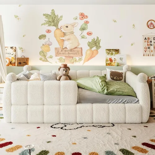 Vista 3 de Bellemave Cama Montessori tapizada de vellón de peluche de tamaño matrimonial con valla, marco de cama infantil de perfil bajo con barandillas