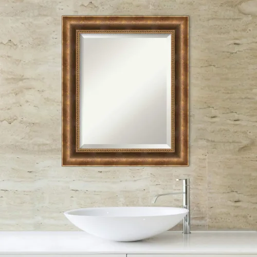 Vista 5 de Amanti Art Espejo de baño de bronce para sobre el fregadero, espejo rectangular de bronce Manhattan de 26 x 22 pulgadas, pequeño marco de madera
