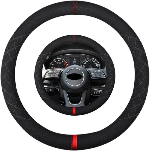 Vista 51 de Funda de volante de gamuza de 14 pulgadas, compatible con Tesla Model 3 Model Y, funda de volante deportiva de cuero gamuza antideslizante