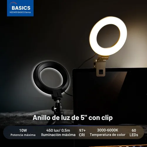 Vista 2 de NEEWER BR60 - Anillo de luz básico de 5 pulgadas para iluminación de videoconferencia, kit de luz con clip con soporte de trípode de escritorio