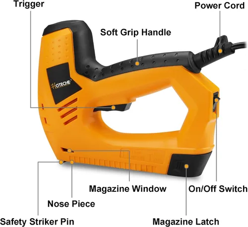 Vista 2 de Hoteche Clavadora/grapadora eléctrica Brad - Pistola de grapas eléctrica 2 en 1 y pistola de clavos para carpintería y tapicería - Incluye 100