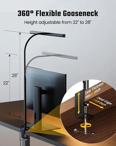 Vista 6 de SUPERDANNY Lámpara de escritorio LED para oficina y hogar, lámpara de escritorio para el cuidado de los ojos con cuello de cisne ajustable, 12W Negro
