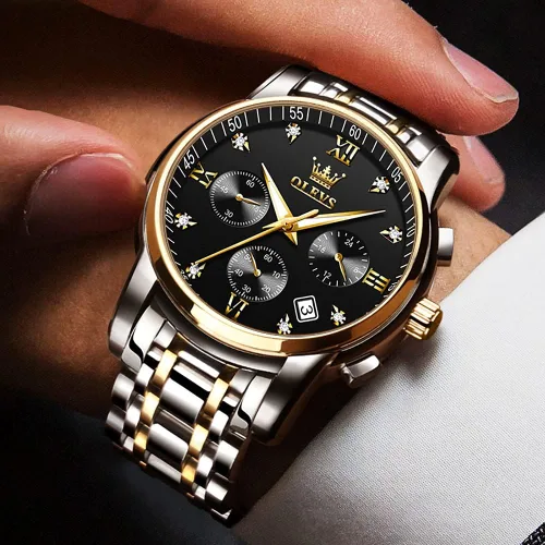 Vista 2 de OLEVS Reloj de pulsera para hombre con esfera multifunción, impermeable, luminoso, analógico, reloj de cuarzo con correa de acero inoxidable