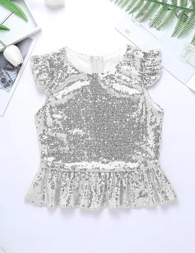 Vista 5 de YiZYiF - Camiseta de manga corta con volantes y lentejuelas brillantes para niñas y niñas