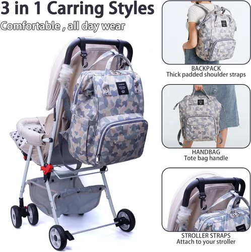 Vista 7 de Mochila de pañales con estampado de vaca con cochecito para mujer, bolsa de pañales de viaje impermeable para el cuidado del bebé, Camo, Moderno