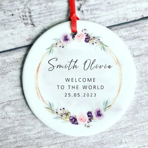 Vista 24 de Recuerdos personalizados de adorno de Navidad para bebé, regalos de bebé que llegan, adornos de cerámica para árbol de Navidad, adornos de primera