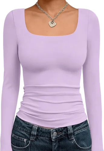 Vista 7 de Trendy Queen - Camisas ombligueras para mujer, manga larga, cuello cuadrado, básicas, para salir, de invierno, Y2K Albaricoque