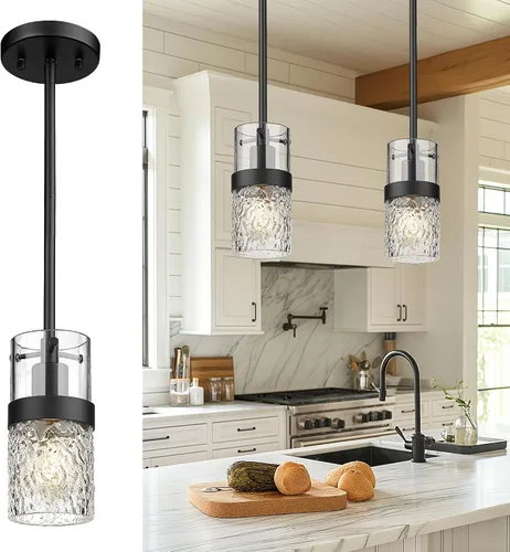 Vista 12 de LMS Lámpara colgante dorada, 1 luz colgante para isla de cocina con vidrio martillado, LMS-171