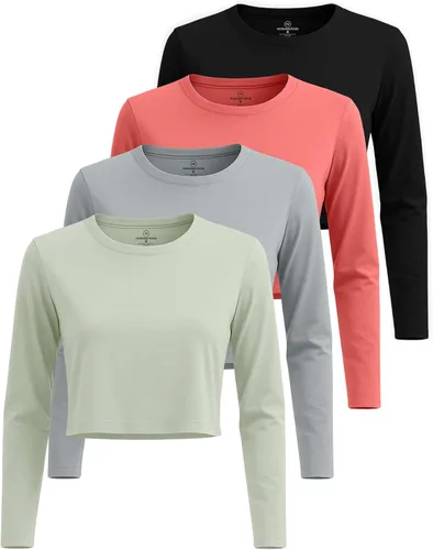 Vista 10 de Real Essentials 4 Pack: Camiseta de manga larga y cuello redondo para mujer, de algodón, recortada - Camiseta casual corta