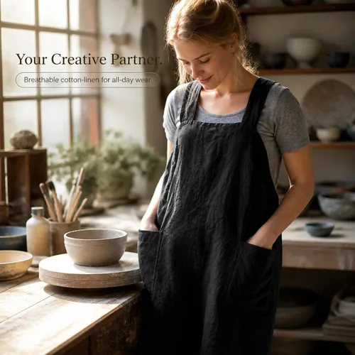 Vista 7 de Delantal Pinafore con espalda cruzada con bolsillos, delantal de lino y algodón, talla grande Negro