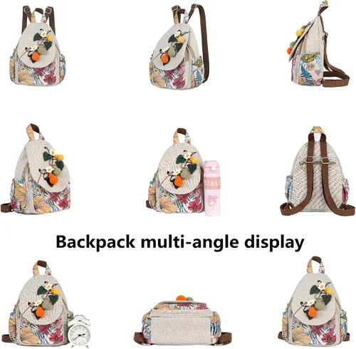 Vista 174 de HUANGGUOSHU Mochila de algodón tejida de algodón bohemio con bordado de lona estilo bohemio con múltiples bolsillos retro linda mochila cartera