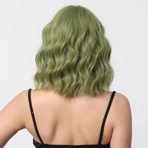 Vista 4 de BERON Pelucas cortas verdes para mujer, peluca rizada ondulada con flequillo para niñas, pelucas de cabello de color verde aguacate, peluca