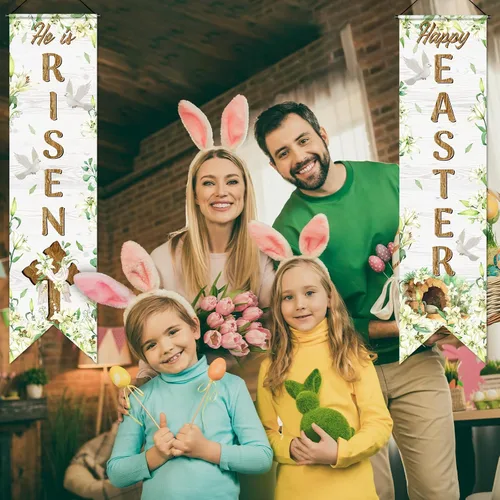 Vista 5 de Outus Cartel de feliz Pascua para porche con texto en inglés «He Is Risen» para puerta delantera, decoración de pared para colgar en la pared, fondo