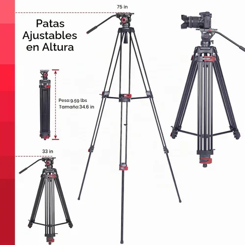 Vista 6 de Miliboo MTT602II-AL - Trípode de cámara alta de 76.4 pulgadas con cabezal fluido de aluminio Carga 22 libras, cuenco de 2.953 in, altura plegada