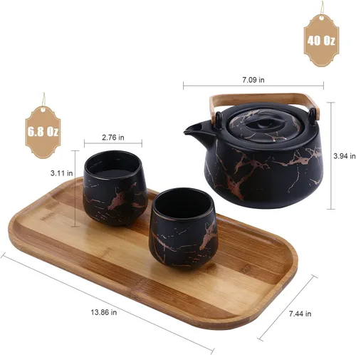 Vista 5 de ENJOHOS Juego de té de mármol negro para adultos con bandeja de madera, juego de tetera de cerámica (40 onzas) con 4 tazas de té de porcelana