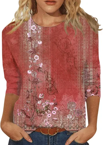 Vista 8 de Camisetas personalizadas para mujer, a la moda, casual, de séptima manga, estampada, cuello redondo, camiseta