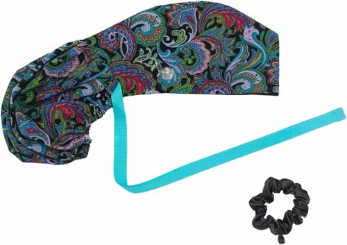 Vista 22 de Gorra médica con interior sedoso, gorro de algodón con banda para el sudor y botones, cola de caballo ajustable
