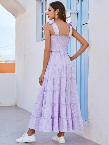 Vista 2 de Floerns - Vestido de verano para mujer estilo bohemio estampado floral con tira de amarre acampanado largo