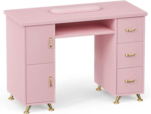 Vista 12 de Mesa de manicura, mesa de uñas, estación de mesa de uñas, resistente a acetona, cojín de muñeca, 3 cajones y 2 gabinetes Acetone-resistant