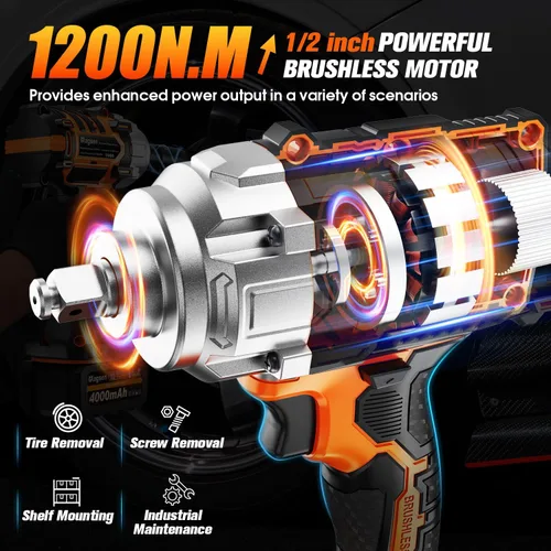 Vista 2 de Llave de impacto inalámbrica de 1/2 pulgada, pistola de impacto de alto par sin escobillas de 900 pies-libras (1200 N.m), 3800 RPM, 3 velocidades
