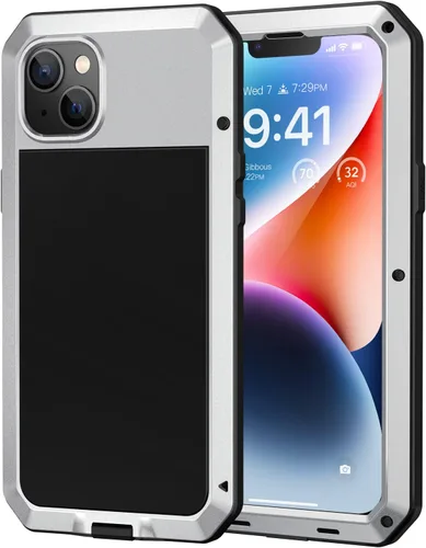 Vista 13 de Lanhiem Funda de metal para iPhone 14, resistente a los golpes, con protector de pantalla de vidrio integrado, 360º cuerpo completo a prueba de Negro