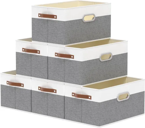 Vista 13 de Yawinhe Cestas de almacenamiento de tela, organizador plegable de armario para estantes, cajas grandes con 3 asas, contenedores de lona para ropa
