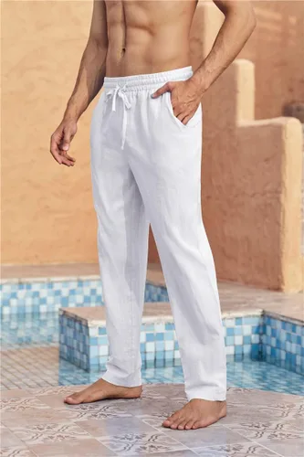 Vista 3 de Karlywindow Pantalones de lino para hombre, casuales, sueltos, ligeros, con cordón, cintura elástica, pantalones de verano para yoga y playa